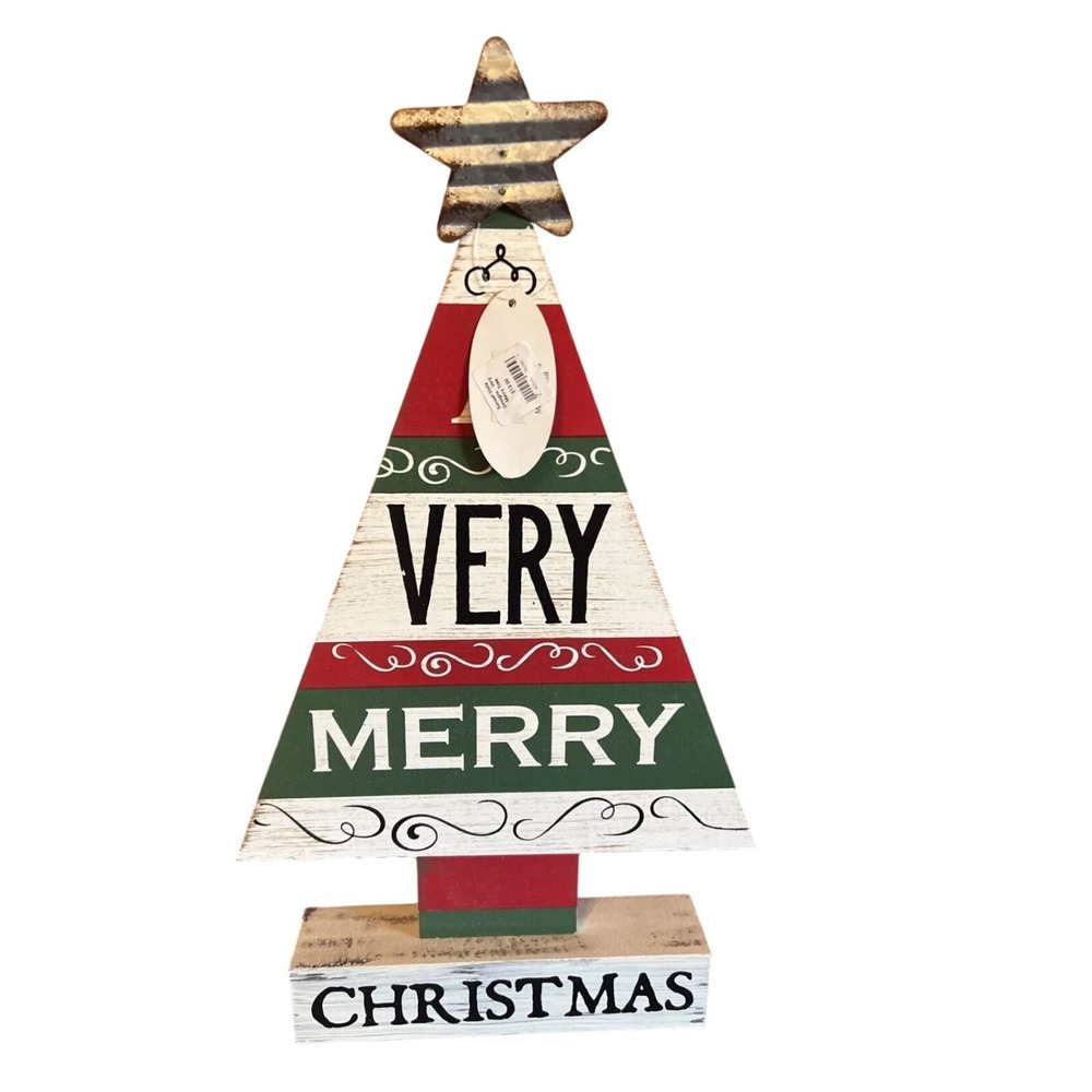 Wooden Very Merry Christmas Tree Decor With Star Topper
